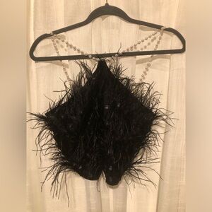 VENUS Black Feathered Top with Pearl Accents